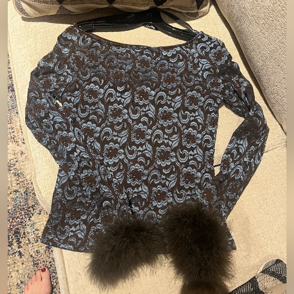 Joseph Ribkoff Brown/Blue Lined Lace Overlay Top With Feathered Cuffs